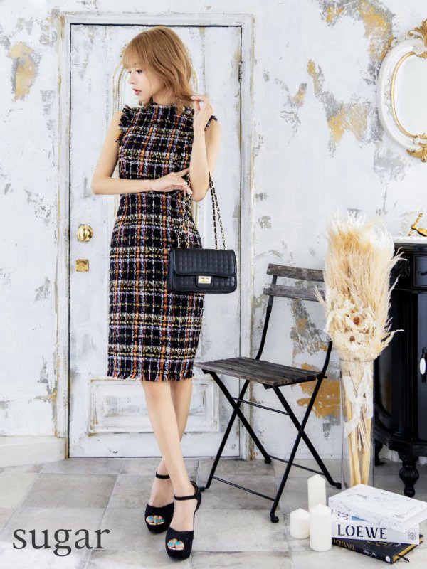 画像8: 門りょうちゃん着用Lサイズあり【DEA./ディア】ノースリーブ/ ツイード/ フリンジ/ タイト/ ミディアム丈/ ワンピース/ キャバドレス【OF08】