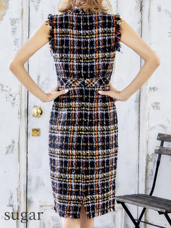 画像10: 門りょうちゃん着用Lサイズあり【DEA./ディア】ノースリーブ/ ツイード/ フリンジ/ タイト/ ミディアム丈/ ワンピース/ キャバドレス【OF08】