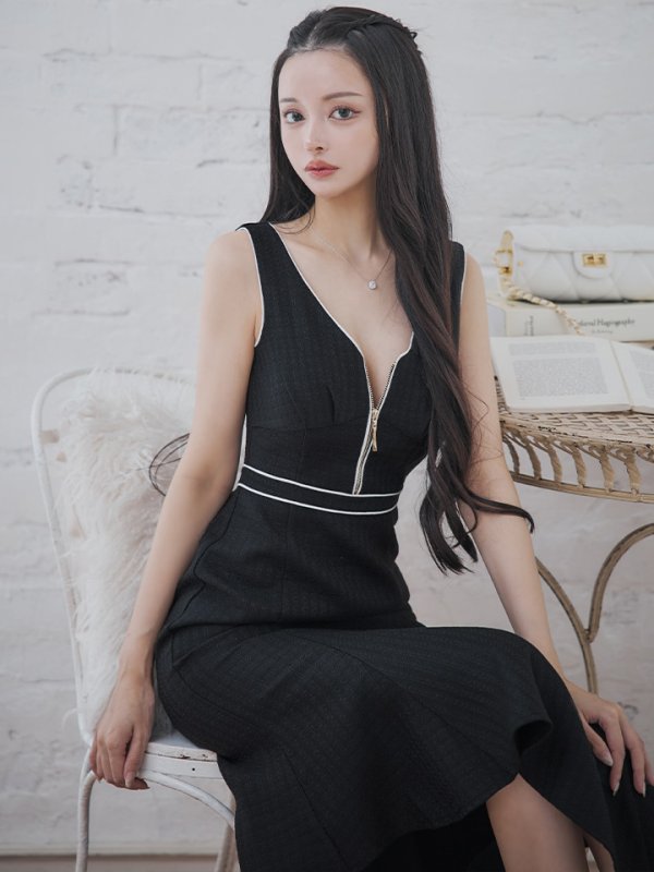 画像4: XS-Lサイズあり【DEA./ディア】スプリングツイード/ マーメイド/ アシンメトリー裾/ ジップ/ タイト/ ミディアム丈/ ワンピース/ キャバドレス【OF08】