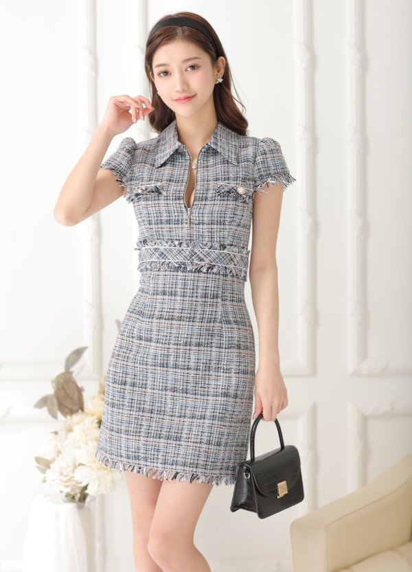 画像25: XS-Lサイズあり【DEA./ディア】ジッパー/ 襟付き/ 半袖/ 袖あり/ スプリングツイード/ タイト/ ミニドレス/ キャバドレス【OF08】