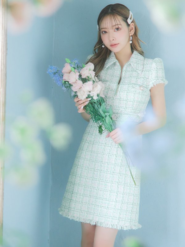 画像3: XS-Lサイズあり【DEA./ディア】ジッパー/ 襟付き/ 半袖/ 袖あり/ スプリングツイード/ タイト/ ミニドレス/ キャバドレス【OF08】