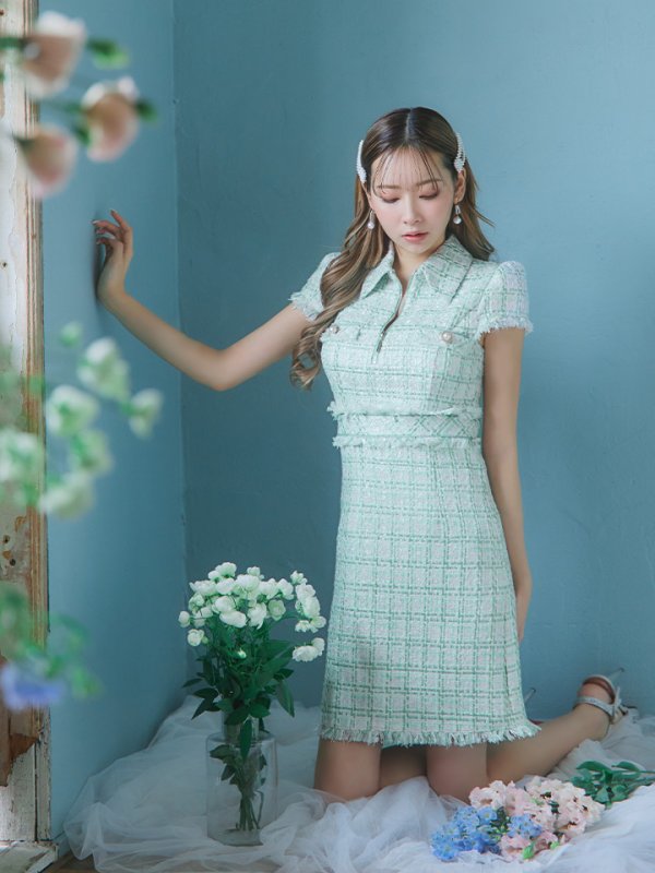 画像6: XS-Lサイズあり【DEA./ディア】ジッパー/ 襟付き/ 半袖/ 袖あり/ スプリングツイード/ タイト/ ミニドレス/ キャバドレス【OF08】