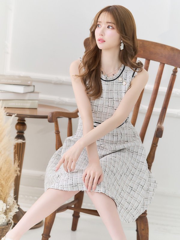 画像3: Lサイズあり【DEA./ディア】スプリングツイード/ フレア/ ミディ丈/ ひざ丈/ ミディアムドレス/ ワンピース/ キャバドレス【OF08】