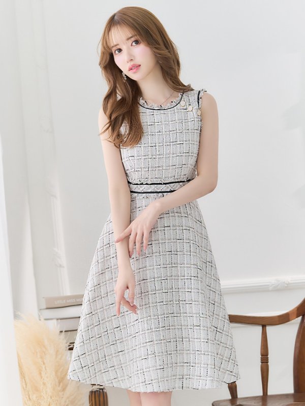 画像4: Lサイズあり【DEA./ディア】スプリングツイード/ フレア/ ミディ丈/ ひざ丈/ ミディアムドレス/ ワンピース/ キャバドレス【OF08】