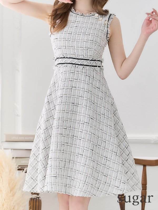 画像8: Lサイズあり【DEA./ディア】スプリングツイード/ フレア/ ミディ丈/ ひざ丈/ ミディアムドレス/ ワンピース/ キャバドレス【OF08】