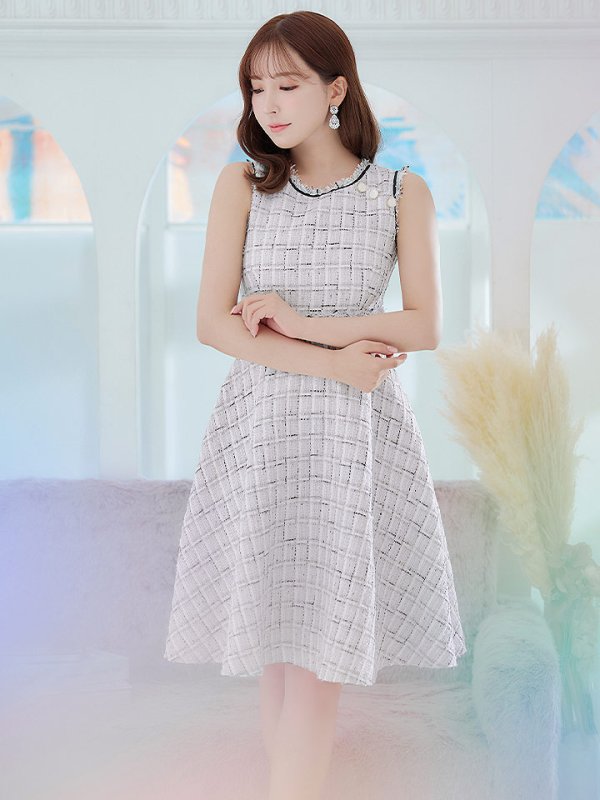 画像2: Lサイズあり【DEA. by ROBE de FLEURS/ディアバイローブドフルール】スプリングツイード/ フレア/ ミディ丈/ ひざ丈/ ミディアムドレス/ ワンピース/ キャバドレス[OF2]
