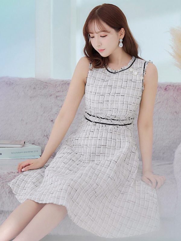 画像15: Lサイズあり【DEA./ディア】スプリングツイード/ フレア/ ミディ丈/ ひざ丈/ ミディアムドレス/ ワンピース/ キャバドレス【OF08】