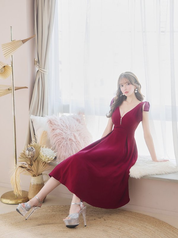 画像3: Lサイズあり【DEA./ディア】ショルダーリボン/ チュール/ フレア/ Aライン/ ストレッチ/ ミディアム丈/ ワンピース/ キャバドレス【OF08】