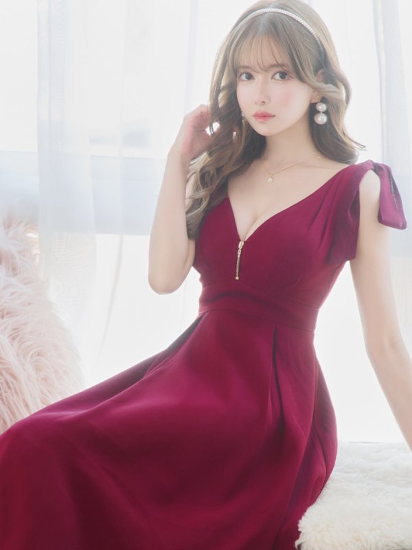 画像6: Lサイズあり【DEA./ディア】ショルダーリボン/ チュール/ フレア/ Aライン/ ストレッチ/ ミディアム丈/ ワンピース/ キャバドレス【OF08】