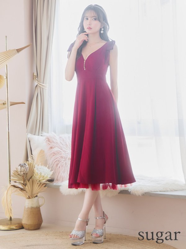 画像7: Lサイズあり【DEA./ディア】ショルダーリボン/ チュール/ フレア/ Aライン/ ストレッチ/ ミディアム丈/ ワンピース/ キャバドレス【OF08】