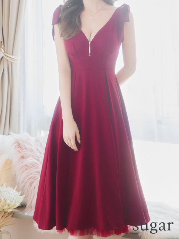 画像8: Lサイズあり【DEA./ディア】ショルダーリボン/ チュール/ フレア/ Aライン/ ストレッチ/ ミディアム丈/ ワンピース/ キャバドレス【OF08】