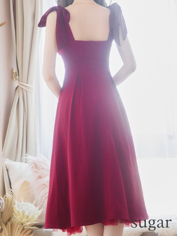 画像9: Lサイズあり【DEA./ディア】ショルダーリボン/ チュール/ フレア/ Aライン/ ストレッチ/ ミディアム丈/ ワンピース/ キャバドレス【OF08】