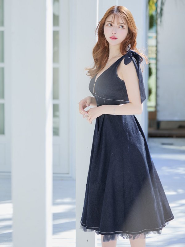 画像14: Lサイズあり【DEA./ディア】ショルダーリボン/ チュール/ フレア/ Aライン/ ストレッチ/ ミディアム丈/ ワンピース/ キャバドレス【OF08】