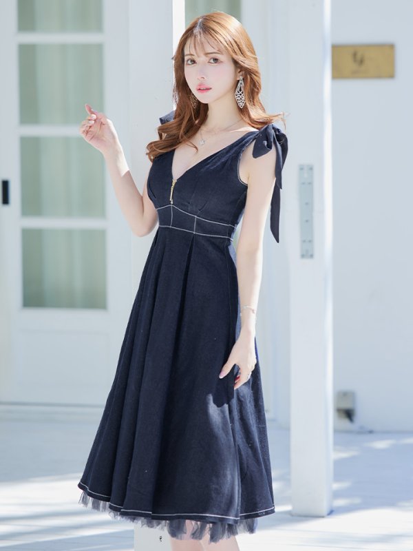 画像15: Lサイズあり【DEA./ディア】ショルダーリボン/ チュール/ フレア/ Aライン/ ストレッチ/ ミディアム丈/ ワンピース/ キャバドレス【OF08】