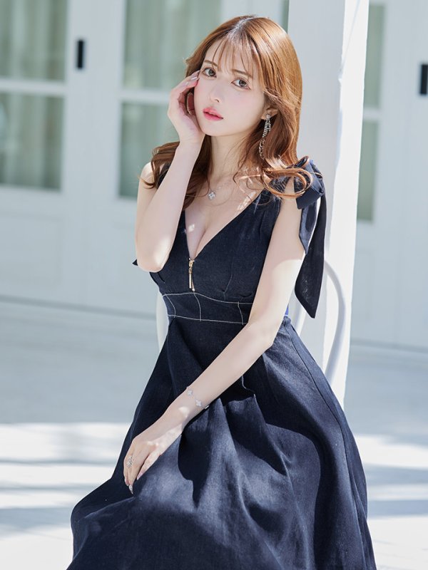 画像16: Lサイズあり【DEA./ディア】ショルダーリボン/ チュール/ フレア/ Aライン/ ストレッチ/ ミディアム丈/ ワンピース/ キャバドレス【OF08】