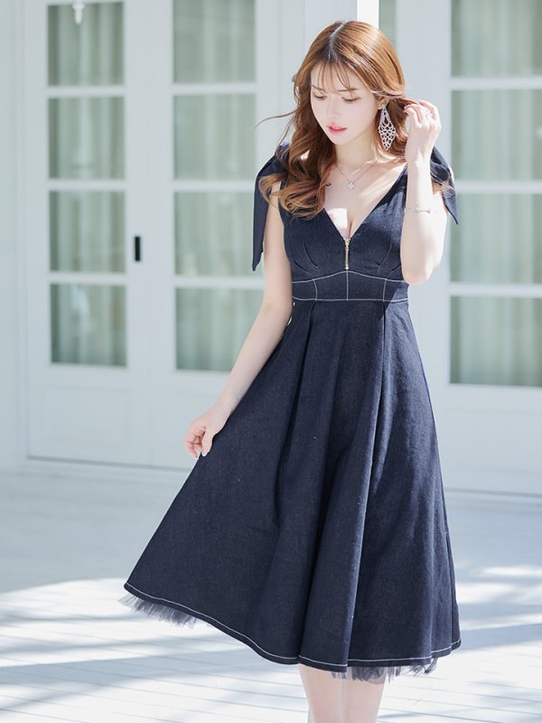 画像17: Lサイズあり【DEA./ディア】ショルダーリボン/ チュール/ フレア/ Aライン/ ストレッチ/ ミディアム丈/ ワンピース/ キャバドレス【OF08】