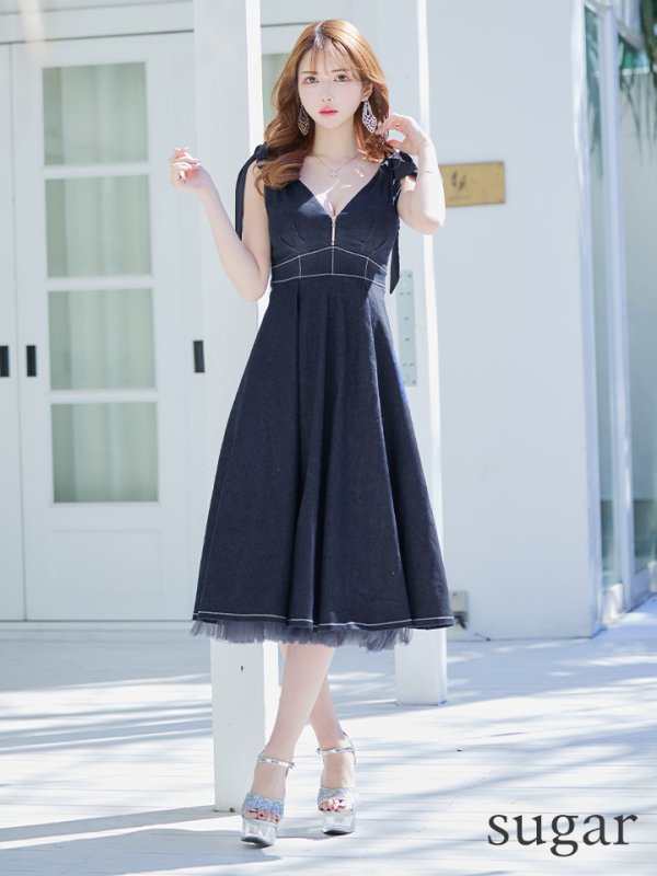 画像18: Lサイズあり【DEA./ディア】ショルダーリボン/ チュール/ フレア/ Aライン/ ストレッチ/ ミディアム丈/ ワンピース/ キャバドレス【OF08】