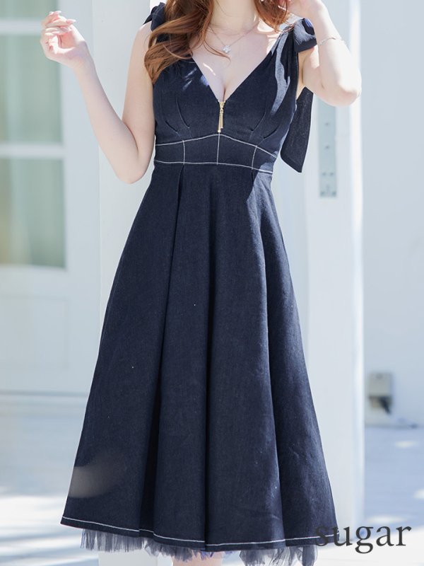 画像19: Lサイズあり【DEA./ディア】ショルダーリボン/ チュール/ フレア/ Aライン/ ストレッチ/ ミディアム丈/ ワンピース/ キャバドレス【OF08】