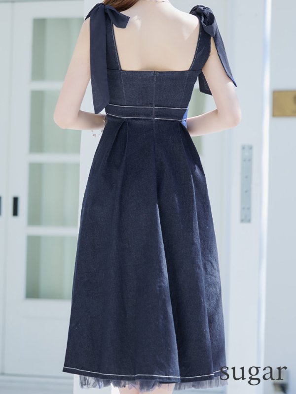 画像20: Lサイズあり【DEA./ディア】ショルダーリボン/ チュール/ フレア/ Aライン/ ストレッチ/ ミディアム丈/ ワンピース/ キャバドレス【OF08】