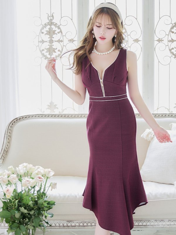 画像10: Lサイズあり【DEA./ディア】アシンメトリー裾/ フロントジッパー/ ノースリーブ/ ミディアム丈/ ミモレ丈/ ミディアムドレス/ キャバドレス【OF08】