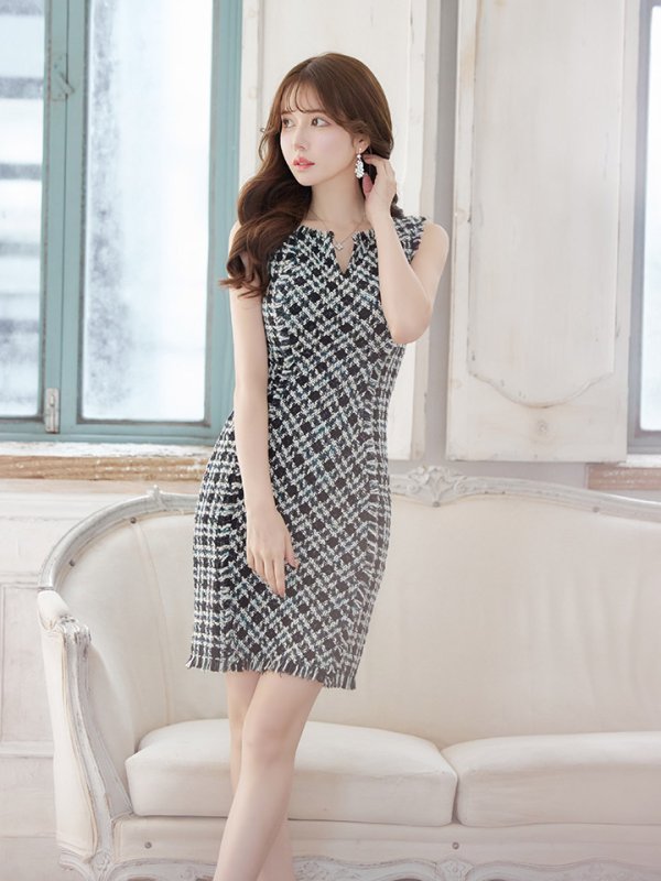 画像4: Lサイズあり【DEA./ディア】ツイード/ シンプル/ ノースリーブ/ タイト/ ミニドレス/ キャバドレス【OF08】