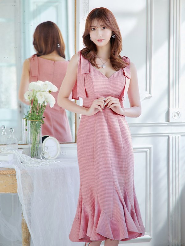 画像18: Lサイズあり【DEA./ディア】ショルダーリボン/ マーメイド/ ノースリーブ/ ワンカラー/ ミモレ丈/ ミディアムドレス/ キャバドレス【OF08】