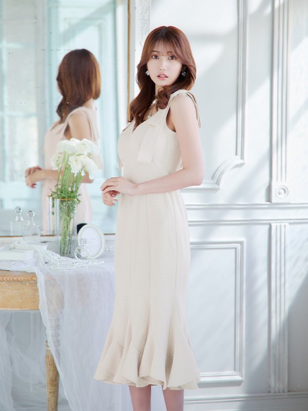 画像11: Lサイズあり【DEA./ディア】ショルダーリボン/ マーメイド/ ノースリーブ/ ワンカラー/ ミモレ丈/ ミディアムドレス/ キャバドレス【OF08】