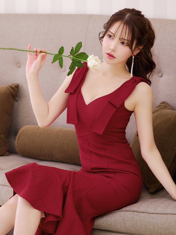 画像9: XS-Lサイズあり【DEA./ディア】ショルダーリボン/ マーメイド/ ノースリーブ/ ワンカラー/ ミモレ丈/ ミディアムドレス/ キャバドレス【OF08】