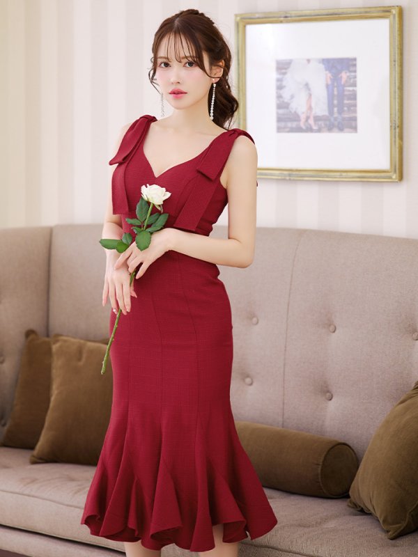 画像12: XS-Lサイズあり【DEA./ディア】ショルダーリボン/ マーメイド/ ノースリーブ/ ワンカラー/ ミモレ丈/ ミディアムドレス/ キャバドレス【OF08】