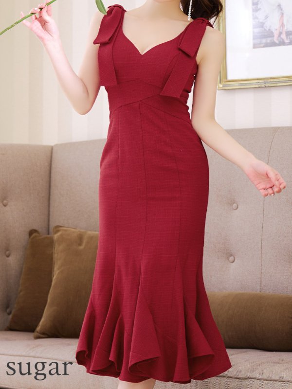 画像14: XS-Lサイズあり【DEA./ディア】ショルダーリボン/ マーメイド/ ノースリーブ/ ワンカラー/ ミモレ丈/ ミディアムドレス/ キャバドレス【OF08】