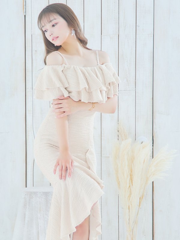 画像4: Lサイズあり【DEA./ディア】オフショル/ マーメード/ フリル/ ニット/ ツイード/ ミモレ丈/ ミディアムドレス/ キャバドレス【OF08】