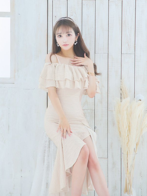 画像5: Lサイズあり【DEA./ディア】オフショル/ マーメード/ フリル/ ニット/ ツイード/ ミモレ丈/ ミディアムドレス/ キャバドレス【OF08】