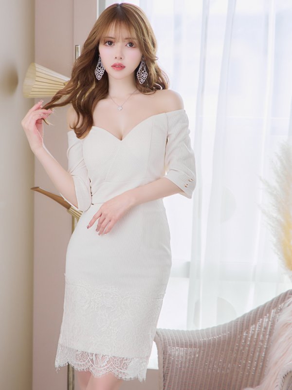 画像2: Lサイズあり【DEA. by ROBE de FLEURS/ディアバイローブドフルール】リブニット/ レース/ 半袖/ 五分袖/ 袖あり/ 膝丈/ タイト/ セットアップ/ ミディアムドレス/ キャバドレス[OF2]
