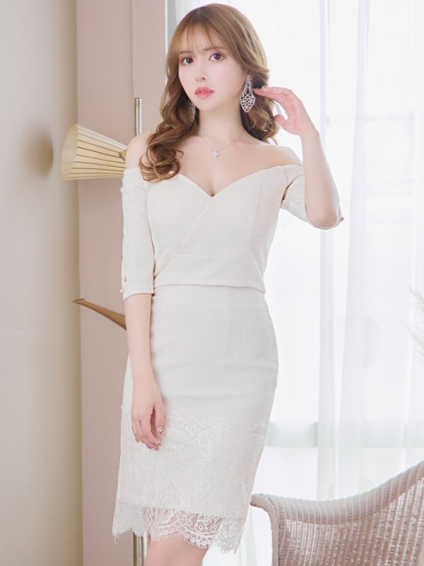 画像5: Lサイズあり【DEA./ディア】リブニット/ レース/ 半袖/ 五分袖/ 袖あり/ 膝丈/ タイト/ セットアップ/ ミディアムドレス/ キャバドレス【OF08】