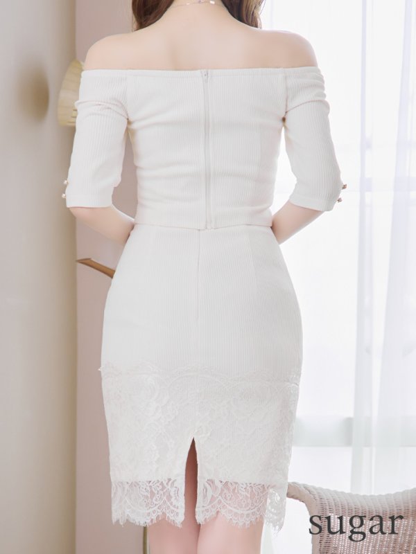 画像9: Lサイズあり【DEA./ディア】リブニット/ レース/ 半袖/ 五分袖/ 袖あり/ 膝丈/ タイト/ セットアップ/ ミディアムドレス/ キャバドレス【OF08】