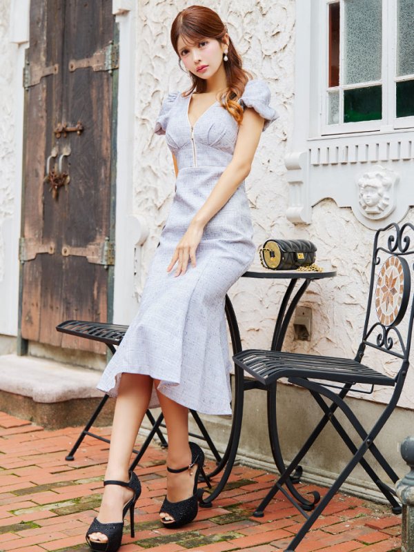 画像3: Lサイズあり【DEA./ディア】フロントジッパー/ パフスリーブ/ ミディアム丈/ ワンピース/ キャバドレス【OF08】