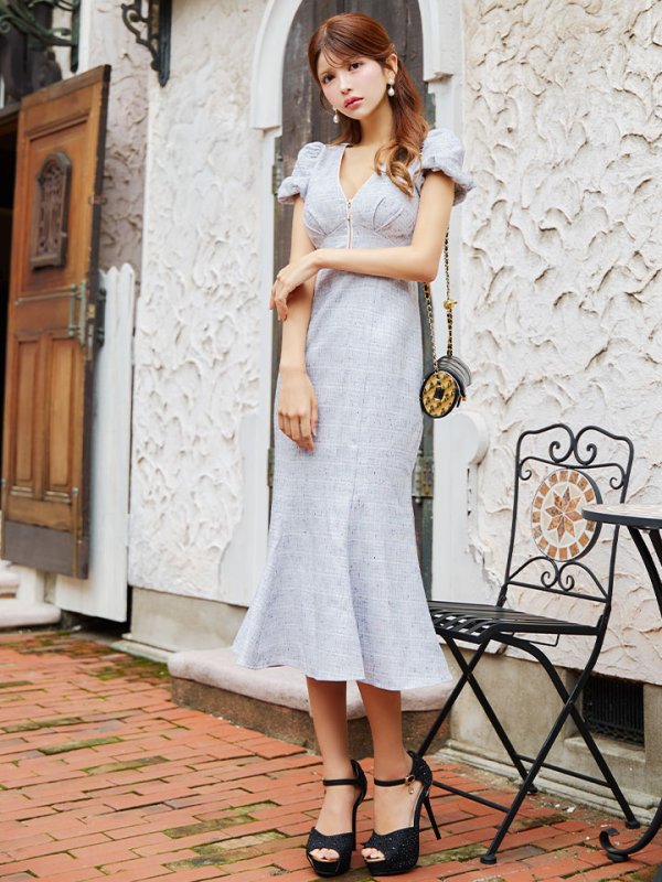 画像6: Lサイズあり【DEA./ディア】フロントジッパー/ パフスリーブ/ ミディアム丈/ ワンピース/ キャバドレス【OF08】