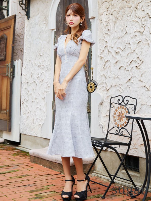 画像7: Lサイズあり【DEA./ディア】フロントジッパー/ パフスリーブ/ ミディアム丈/ ワンピース/ キャバドレス【OF08】