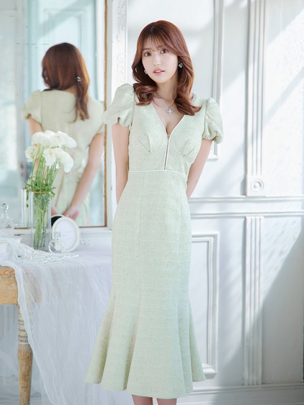 画像7: Lサイズあり【DEA./ディア】フロントジッパー/ パフスリーブ/ ミディアム丈/ ワンピース/ キャバドレス【OF08】