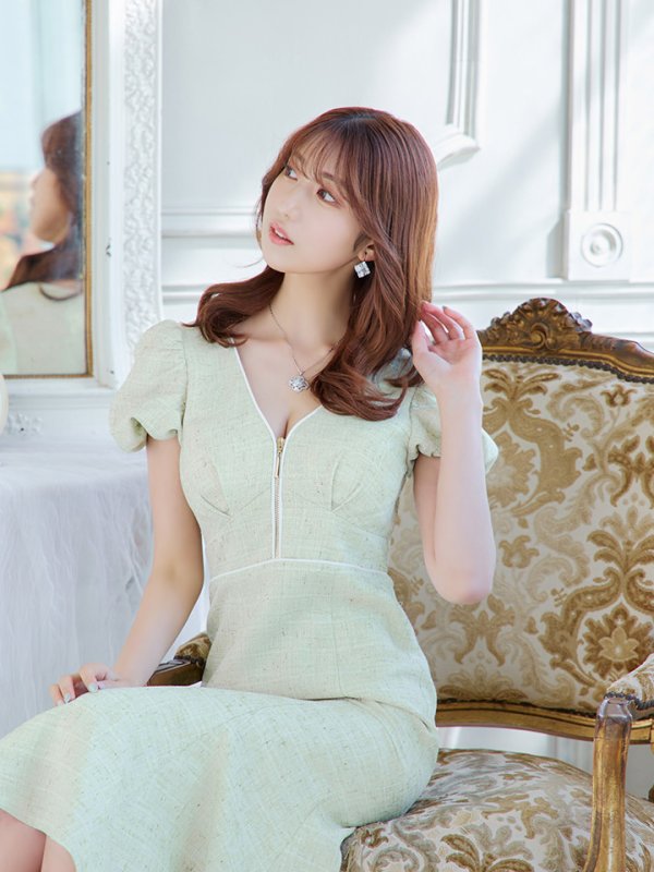 画像8: Lサイズあり【DEA./ディア】フロントジッパー/ パフスリーブ/ ミディアム丈/ ワンピース/ キャバドレス【OF08】