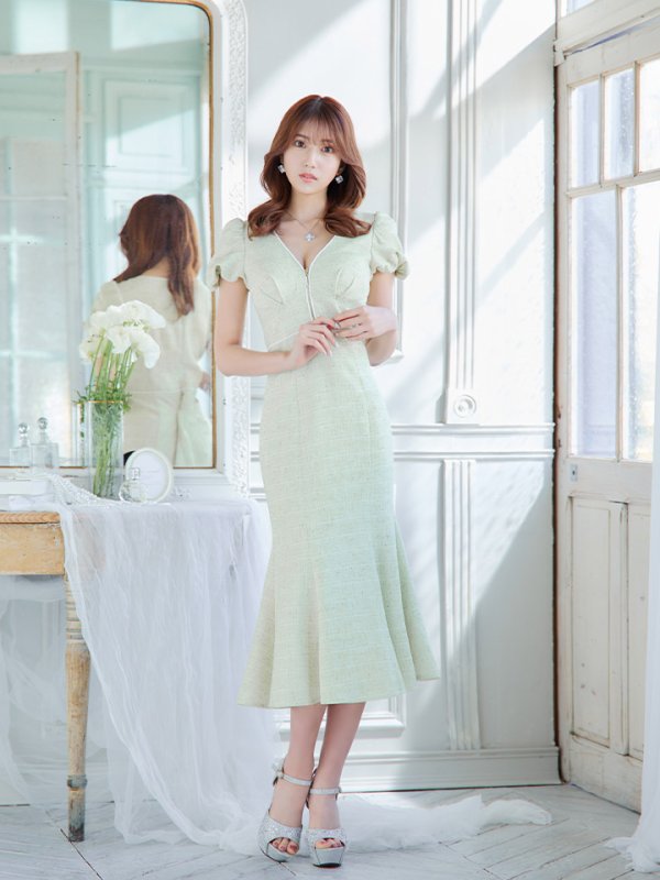 画像9: Lサイズあり【DEA./ディア】フロントジッパー/ パフスリーブ/ ミディアム丈/ ワンピース/ キャバドレス【OF08】