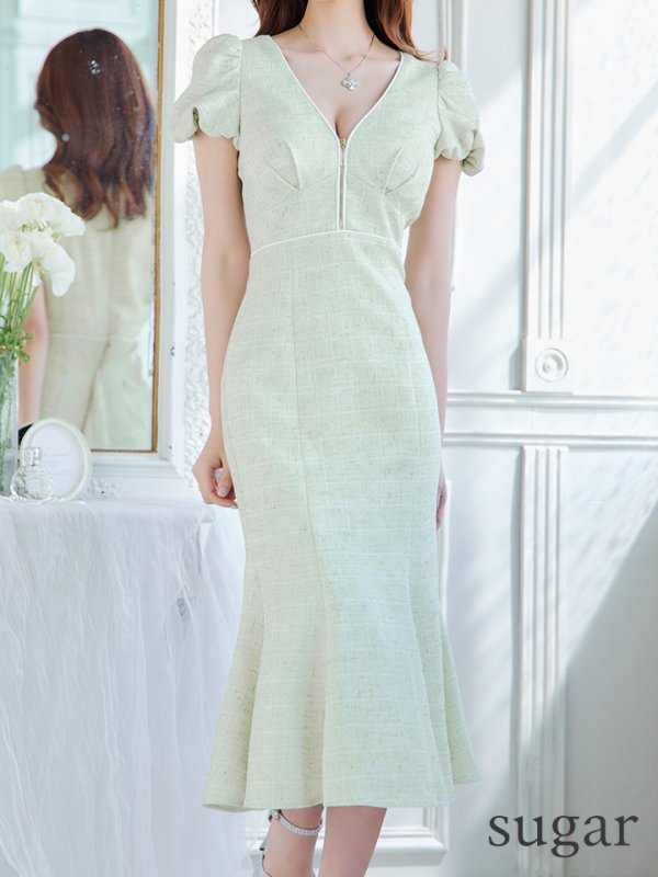 画像12: Lサイズあり【DEA./ディア】フロントジッパー/ パフスリーブ/ ミディアム丈/ ワンピース/ キャバドレス【OF08】