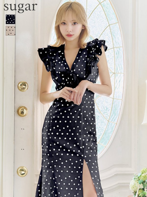 Lサイズあり【DEA. by ROBE de FLEURS/ディアバイローブドフルール】フリル/ リボン/ ドット/ マーメイド/ ミモレ丈/ ミディアムドレス/ キャバドレス ブラック