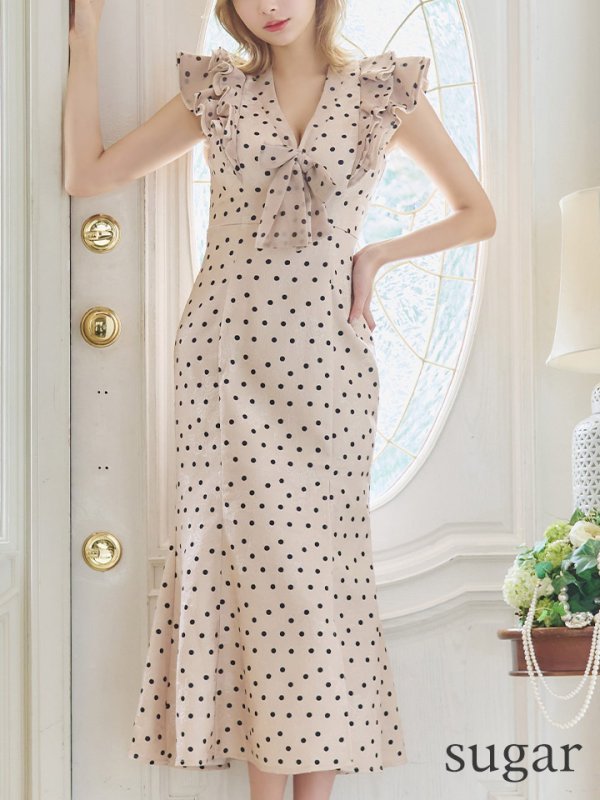 画像8: Lサイズあり【DEA./ディア】フリル/ リボン/ ドット/ マーメイド/ ミモレ丈/ ミディアムドレス/ キャバドレス【OF08】