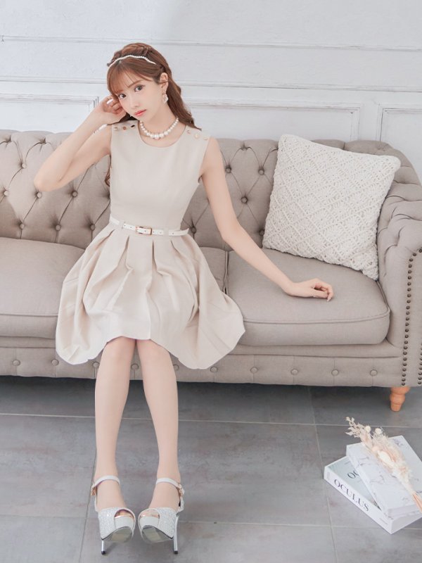 画像16: Lサイズあり【DEA./ディア】ワンカラー/ ノースリーブ/ ベルト付き/ プリーツ/ フレア/ ワンピース/ ミニドレス/ キャバドレス【OF08】