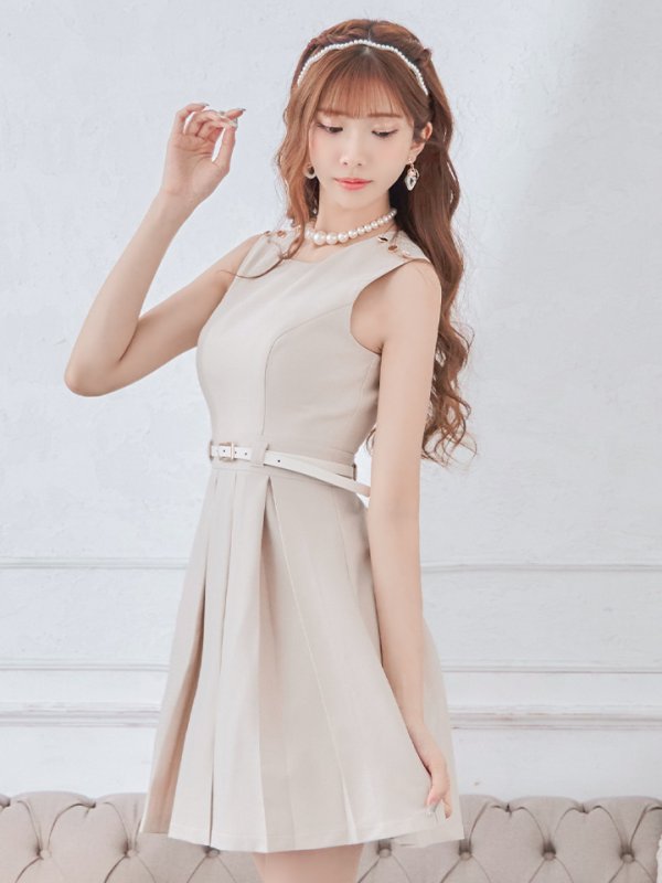 画像17: Lサイズあり【DEA./ディア】ワンカラー/ ノースリーブ/ ベルト付き/ プリーツ/ フレア/ ワンピース/ ミニドレス/ キャバドレス【OF08】