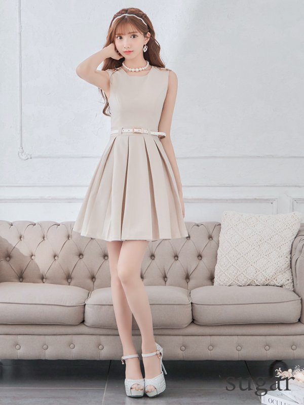 画像19: Lサイズあり【DEA./ディア】ワンカラー/ ノースリーブ/ ベルト付き/ プリーツ/ フレア/ ワンピース/ ミニドレス/ キャバドレス【OF08】