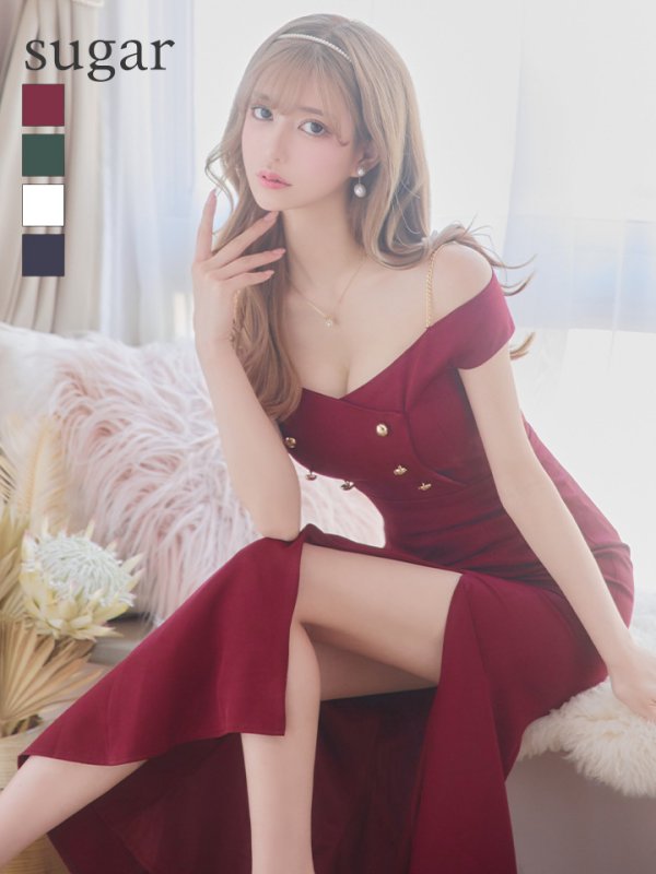 Lサイズあり【DEA. by ROBE de FLEURS/ディアバイローブドフルール】マーメイド/ オフショル/ チェーンストラップ/ ワンカラー/ スリット/ ミモレ丈/ ミディドレス/ キャバドレス バーガンディ