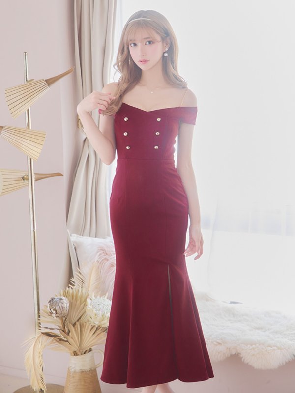 画像5: Lサイズあり【DEA./ディア】マーメイド/ オフショル/ チェーンストラップ/ ワンカラー/ スリット/ ミモレ丈/ ミディドレス/ キャバドレス【OF08】