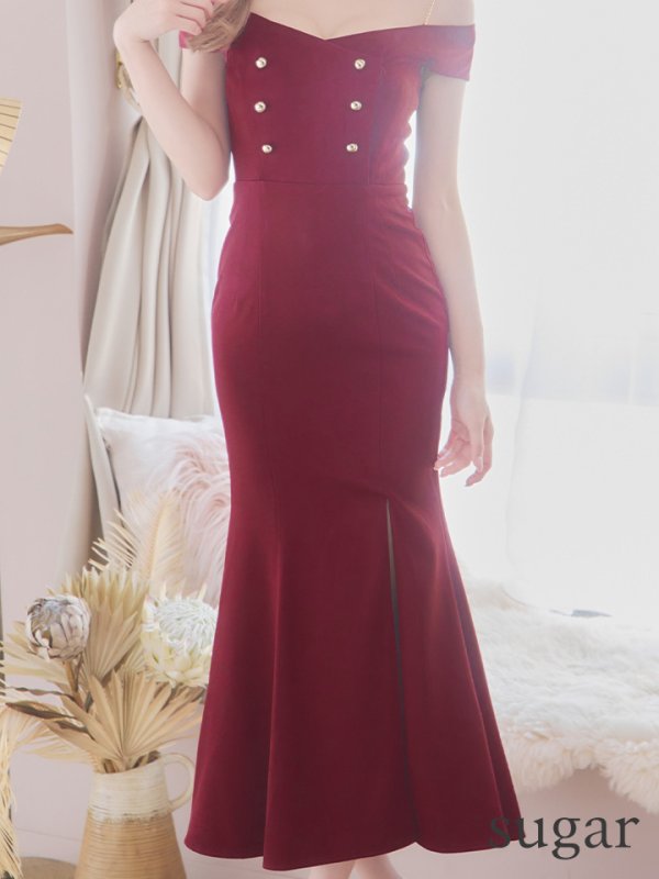 画像11: Lサイズあり【DEA./ディア】マーメイド/ オフショル/ チェーンストラップ/ ワンカラー/ スリット/ ミモレ丈/ ミディドレス/ キャバドレス【OF08】